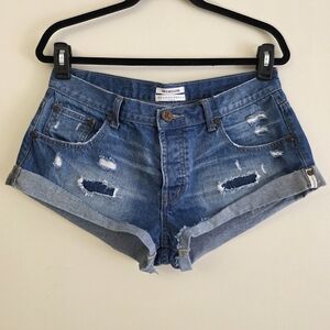 One Teaspoon Medium Blue Distressed Denim Cutoff Shorts